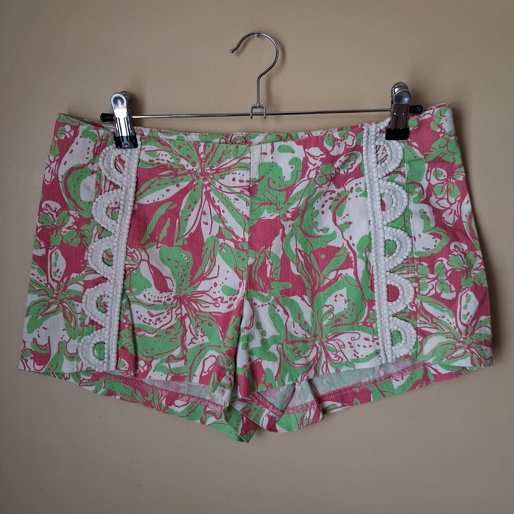 Lilly Pulitzer Forgot My Trunks Liza Shorts; Sz. 6; Pink & Green Floral W/Lace